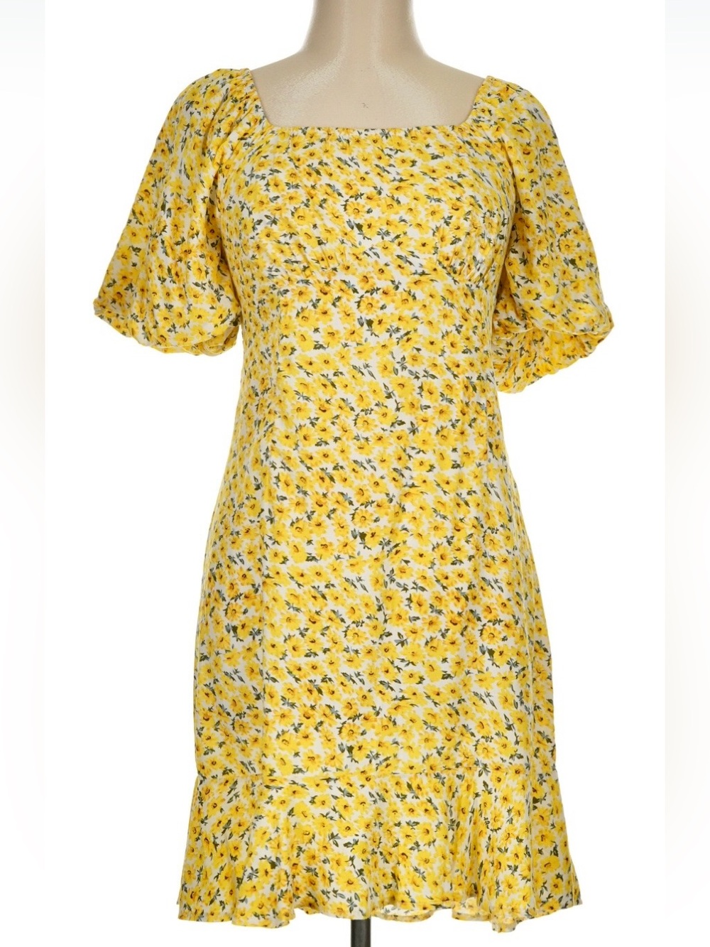 Stellah Yellow Floral Puff Sleeve Ruffle Hem Dress NWT Size L